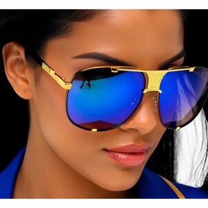 Sunglasses Gold Frame Blue Lens Women Fashion Pilot Sun Glasses  Beach Driving